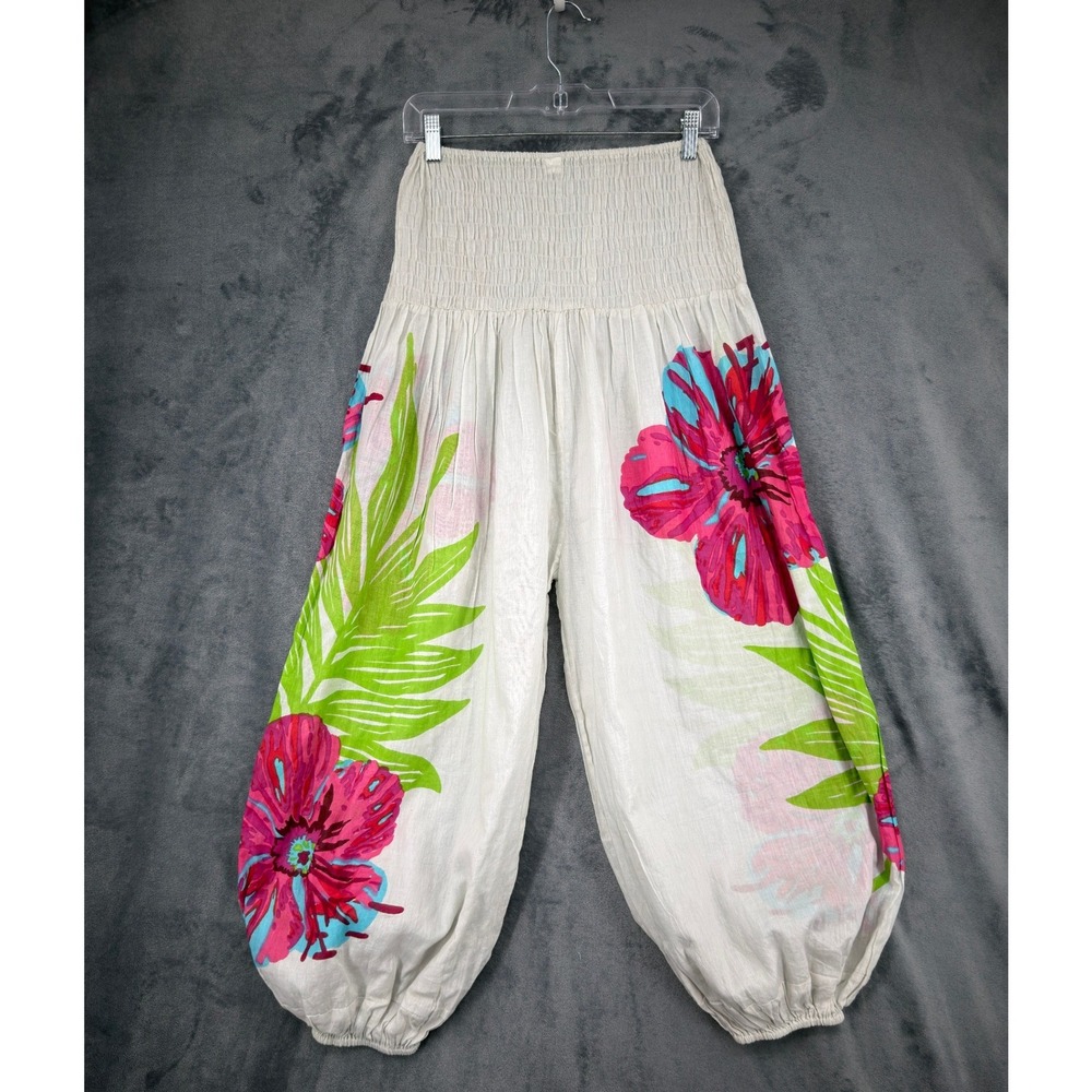 Lovy Pants Womens One Size Floral Smocked Waist Harem Drop Crotch Hippie Boho